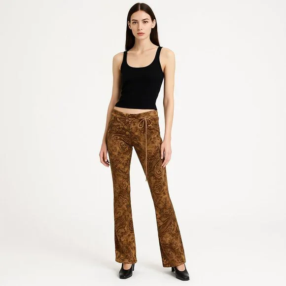 Sense Vintage Brown Paisley Faux Suede Boho Retro Y2K Mid Rise Flare Pants M - Picture 1 of 6